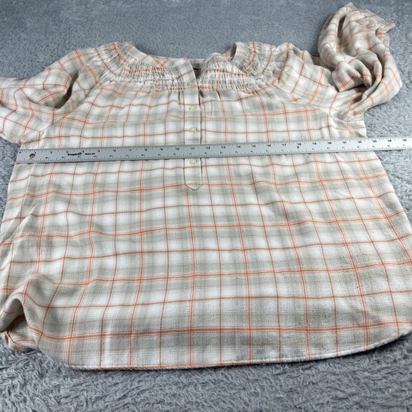 Loft Womens Plaid Smocked Neck Blouse Orange Grey Long Sleeve Top Large - Picture 4 of 9